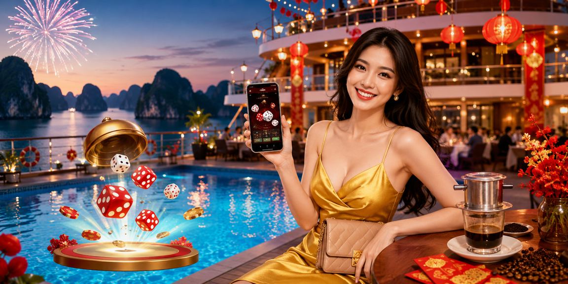 Cảnh Hạ Long với xúc xắc minh họa việc kiểm tra thanh toán và thông tin tài khoản